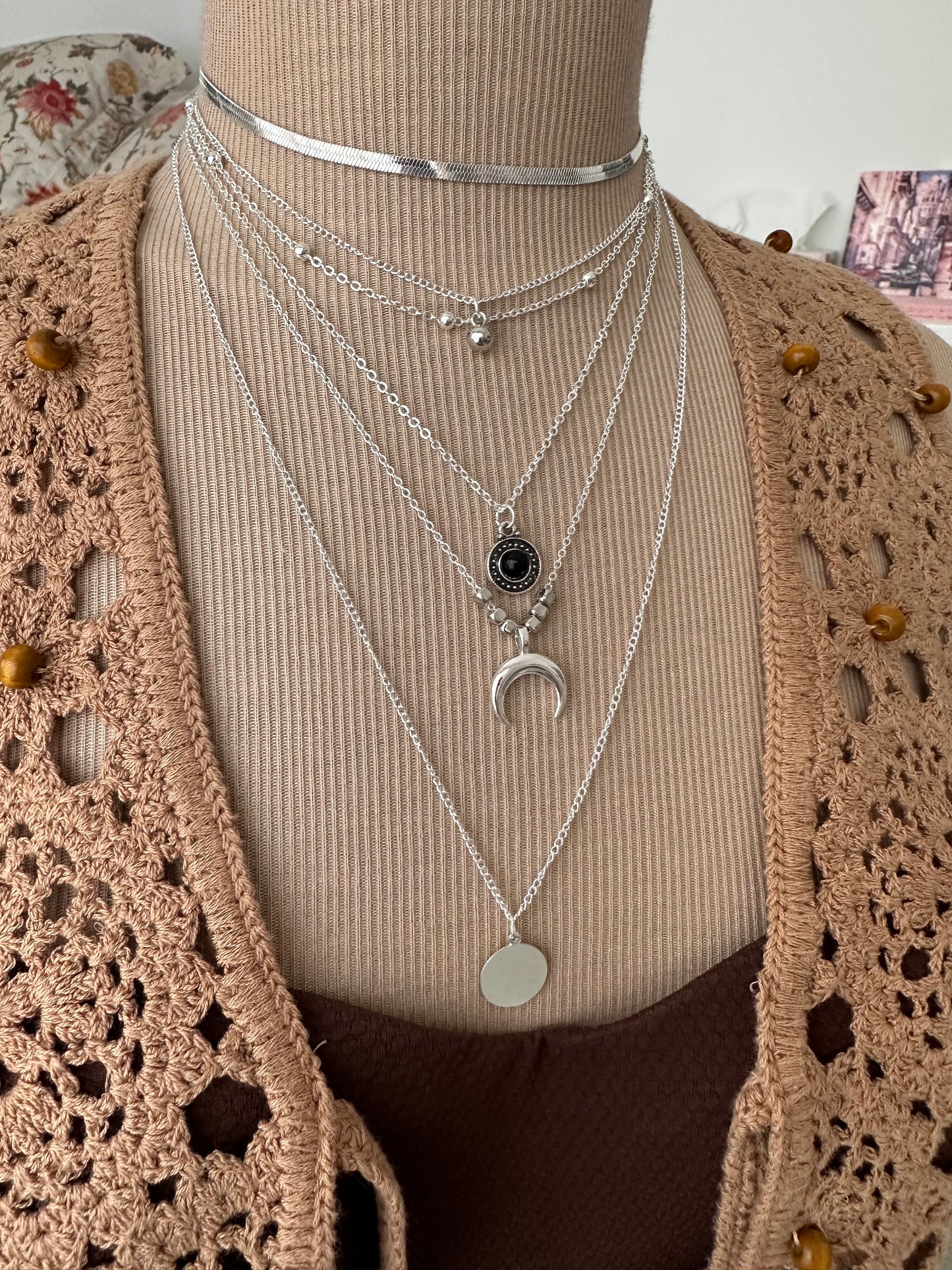 Collier sautoir plusieurs rangs, sautoir chaînes superposées