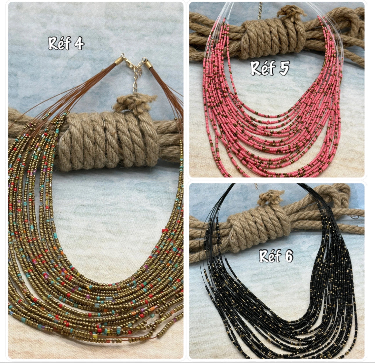 Collier plastron plusieurs brins perles de rocailles turquoise, corail, noir, blanc - Ateliersdisa