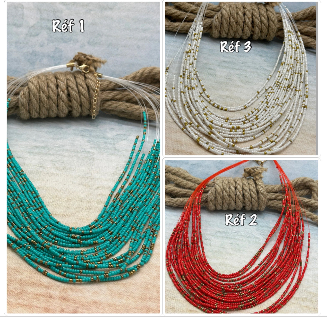 Collier plastron plusieurs brins perles de rocailles turquoise, corail, noir, blanc - Ateliersdisa