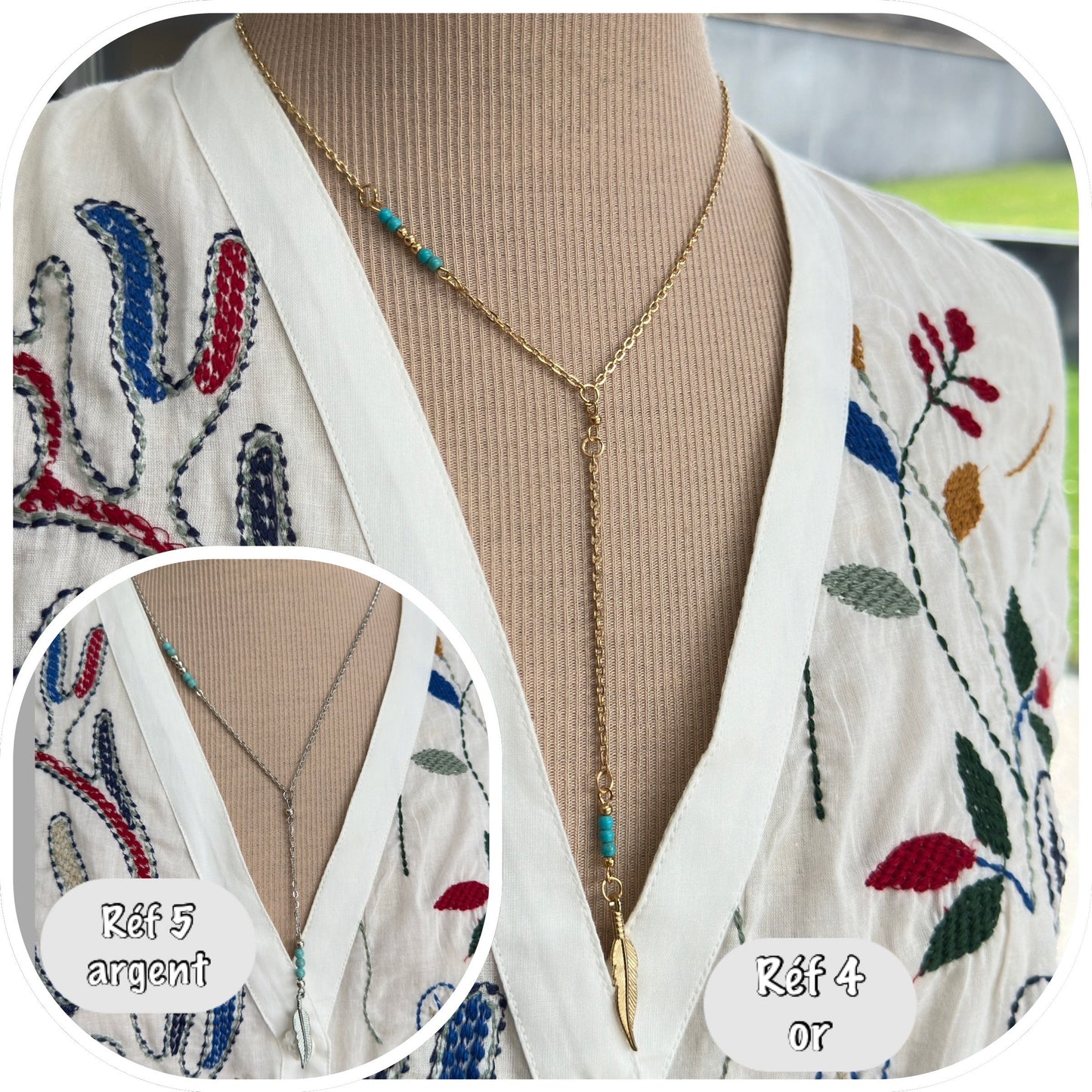 collier cravate pendentif plume