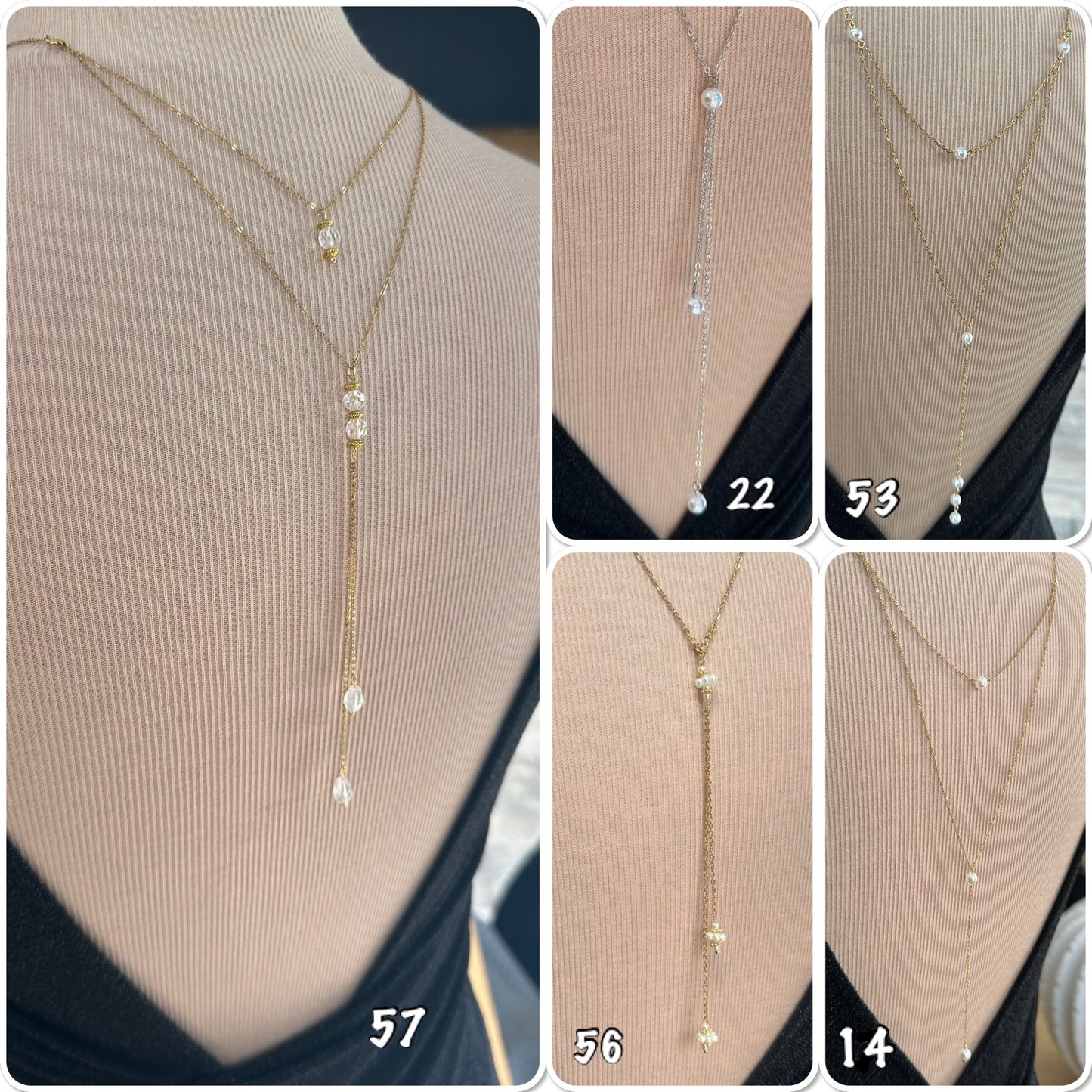 Collier dos nu mariée en perles, cristal, collier chute dos acier or, argent ou rose gold - Ateliersdisa
