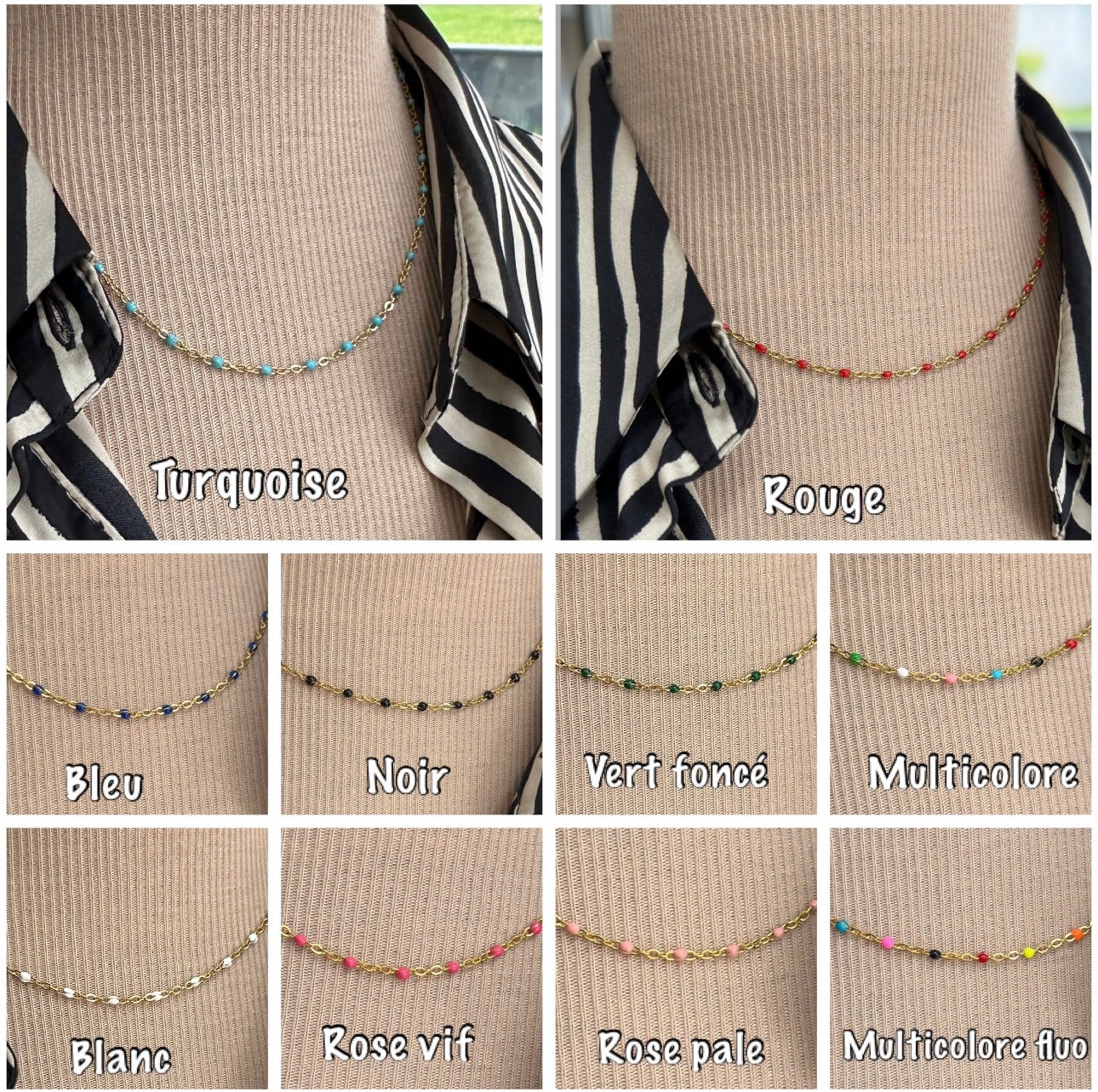 Collier or perles de résine, collier or acier perles résine, Ateliersdisa