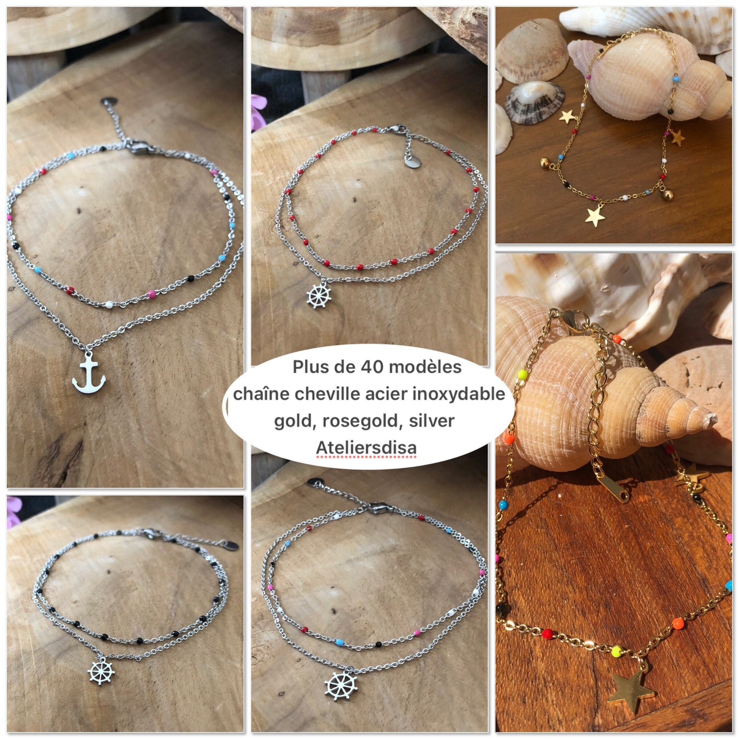 bracelet de cheville acier inoxydable 2 rangs en perles email