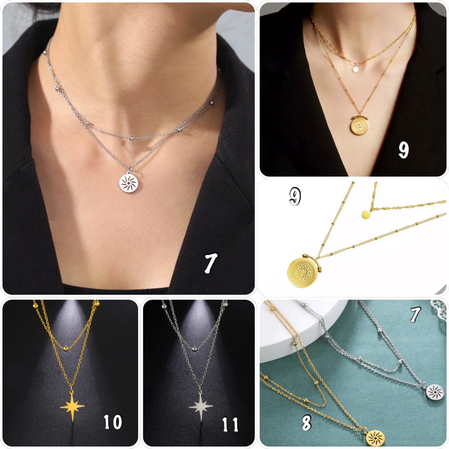 collier deux rangs pendentif soleil acier inoxydable