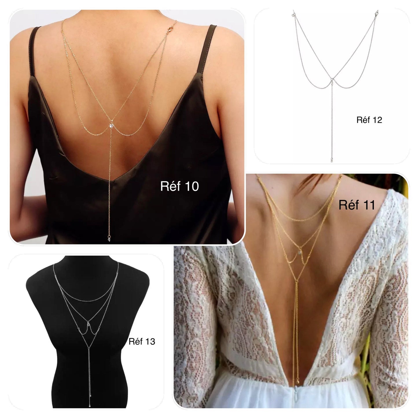 collier dos nu cristal perles strass soirée, gala, mariage, cortege