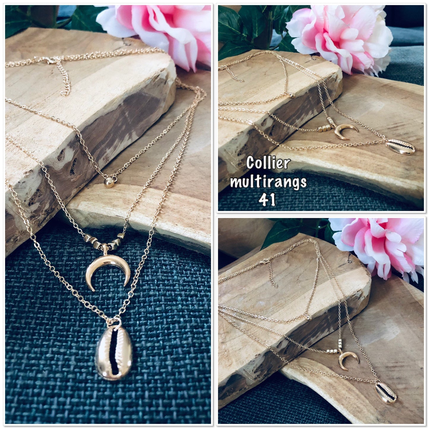 Collier plusieurs rangs pendentif corne, coquillage couleur or ou argent - Ateliersdisa