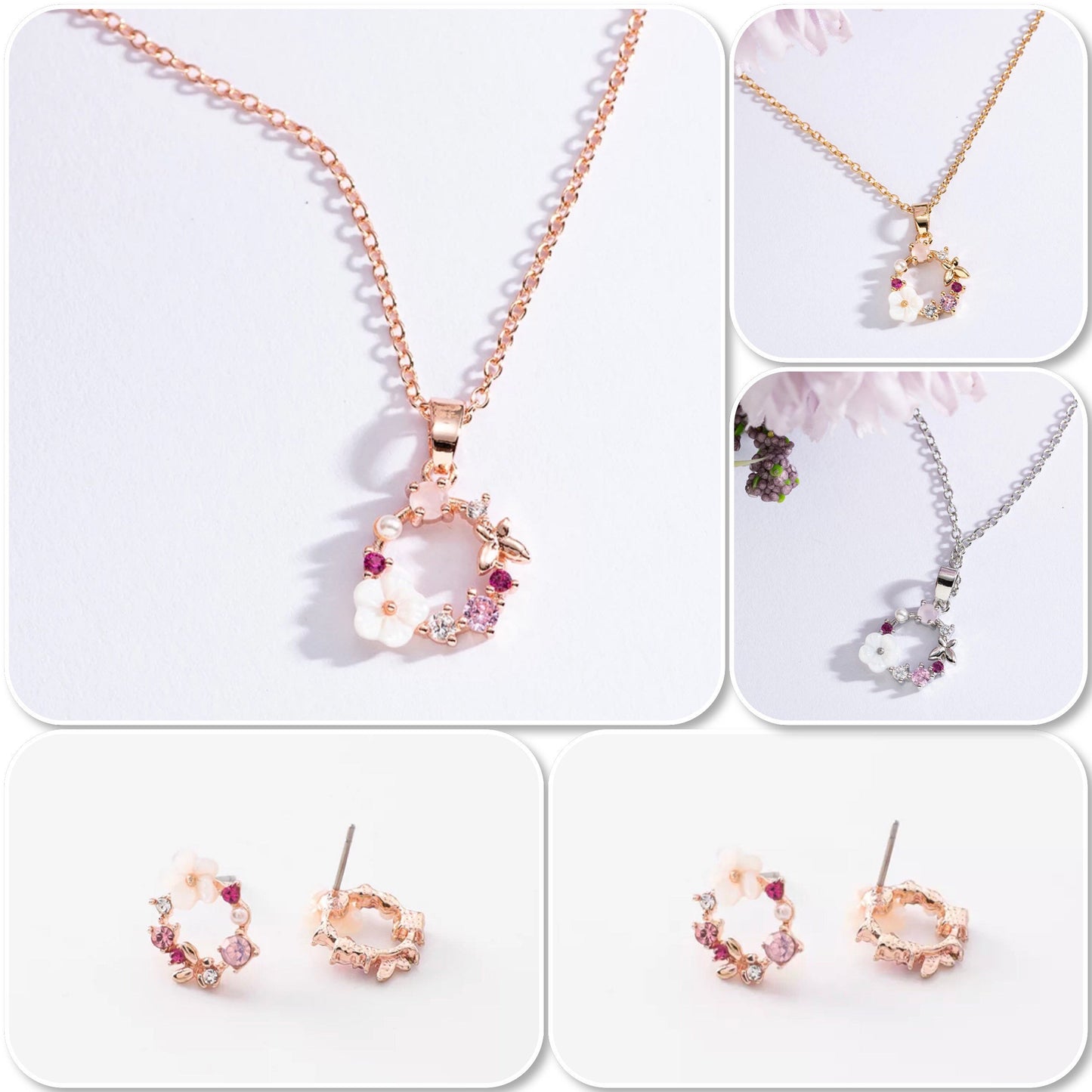 Collier fin pendentif fleurs strass nacre couleur or, rosegold ou argent, collection raffinée et chic- Ateliersdisa