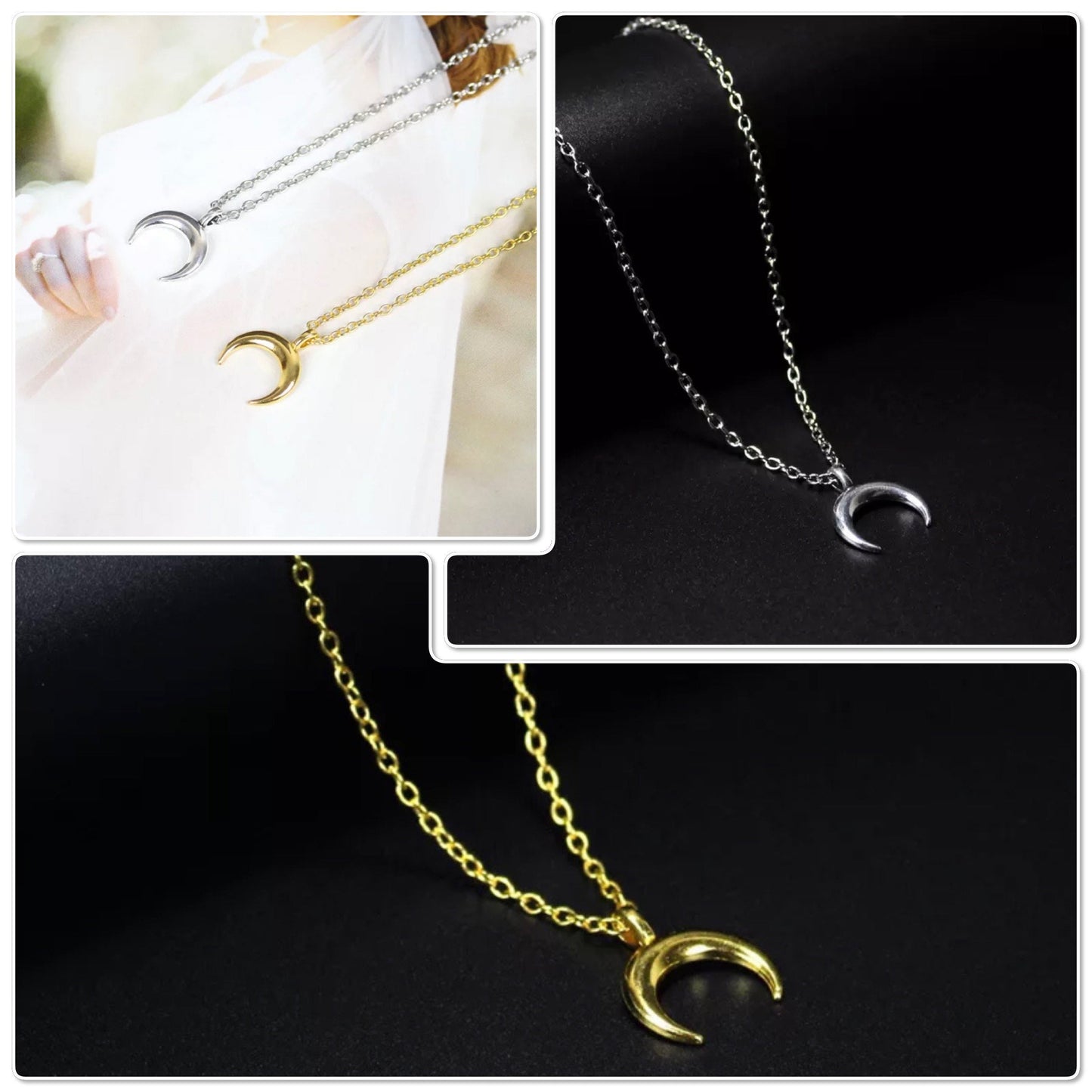 Collier fin pendentif lune corne en laiton acier or, argent - Ateliersdisa