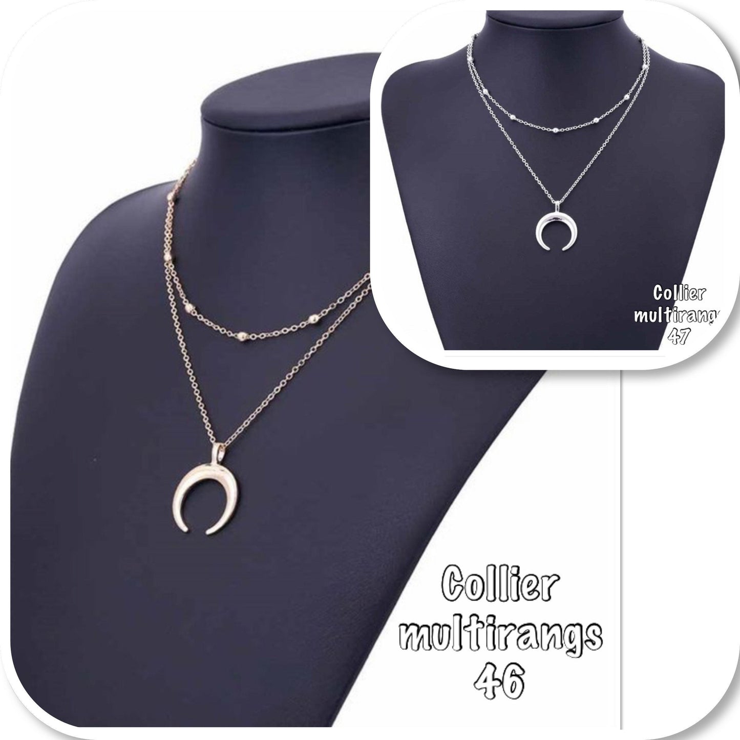 Collier 2 rangs maille boule et pendentif lune or ou argent tendance bohème - Ateliersdisa