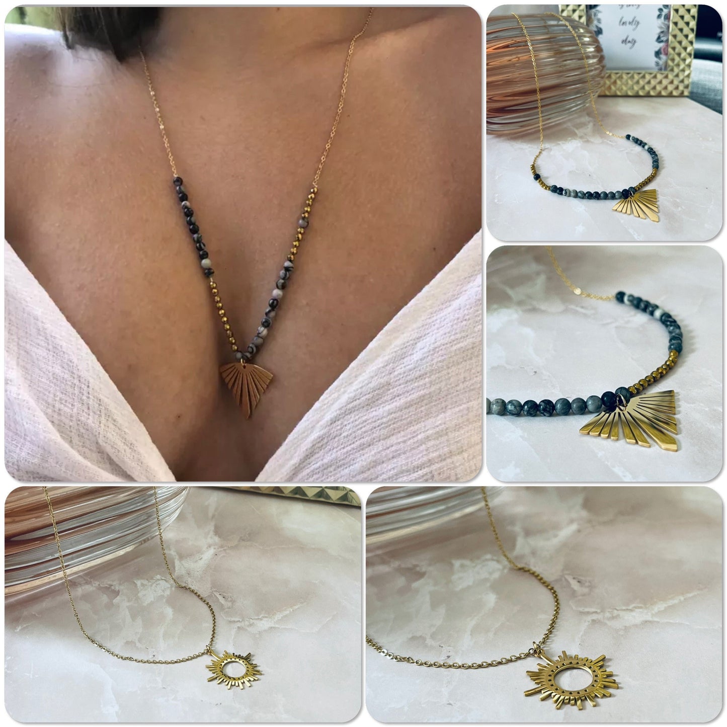 Collier or acier motif soleil, collier gold stainless steel, collier sautoir or acier perles naturelles - Ateliersdisa