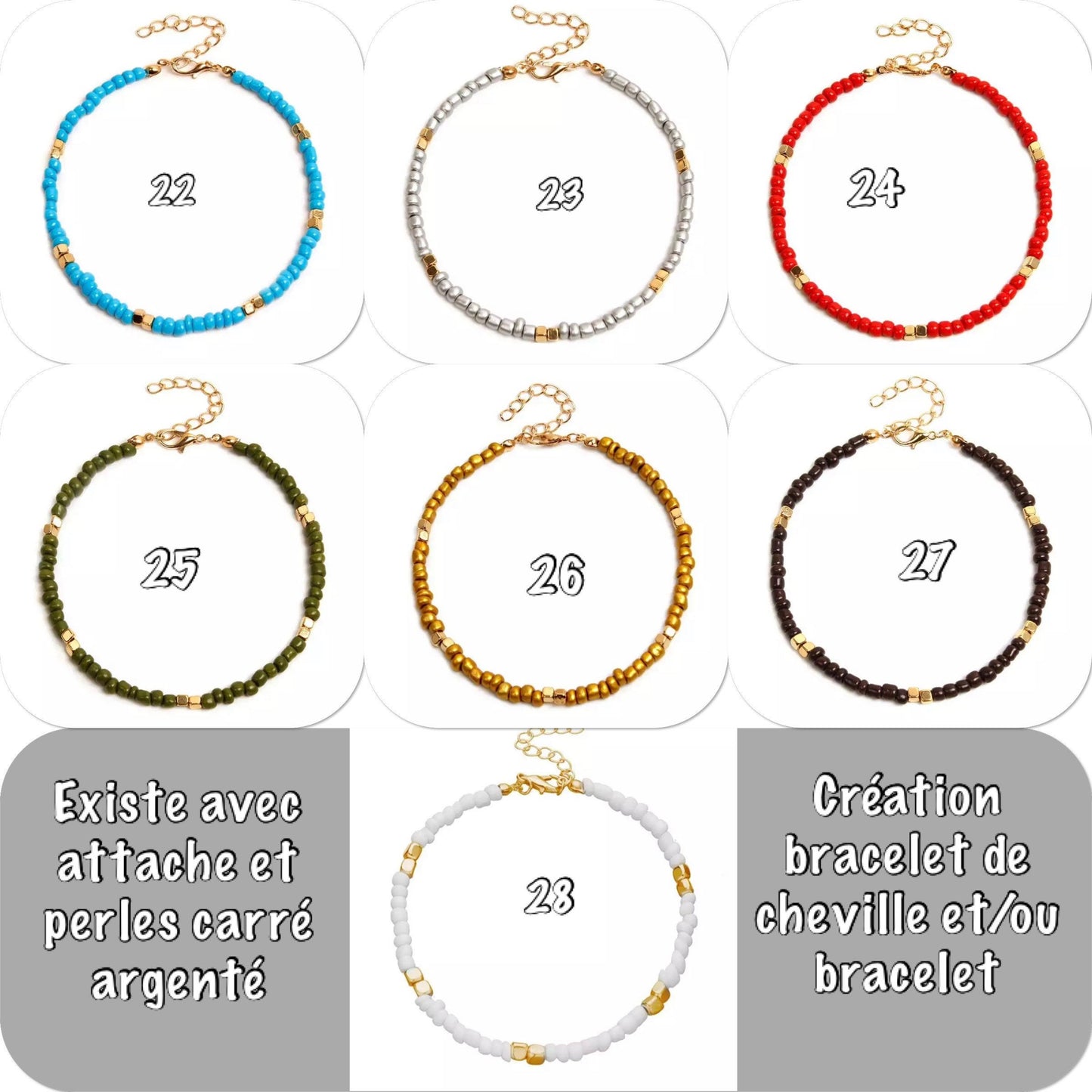 Bracelet cheville perles de rocailles plusieurs couleurs au choix - Ateliersdisa