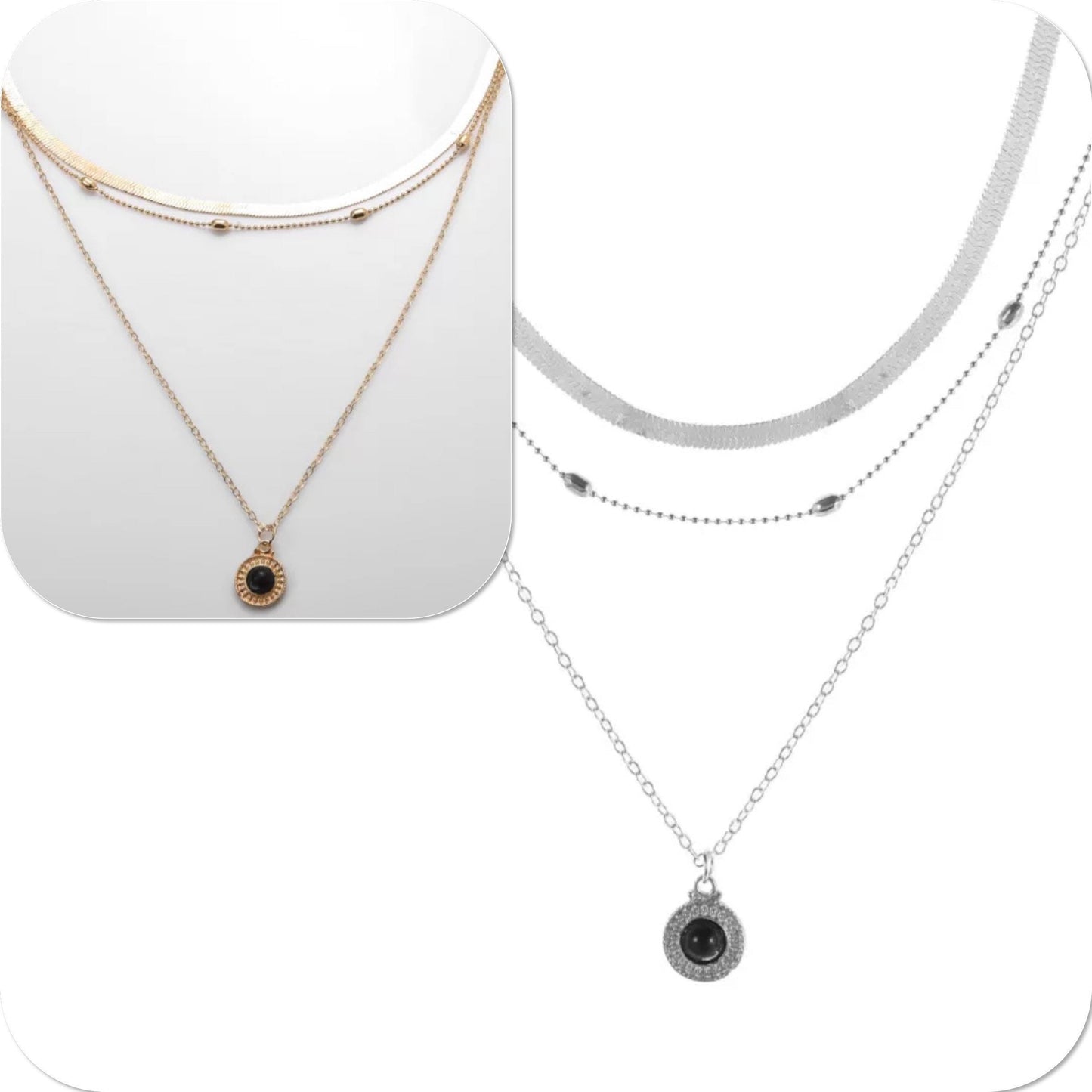 Collier multi-rangs or à médaille résine onyx - Ateliersdisa