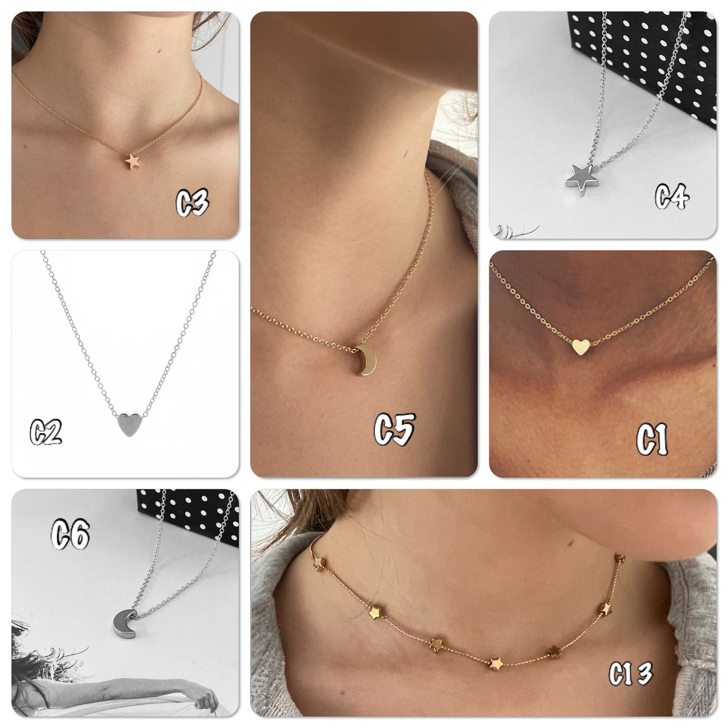 Collier fin pendentif cœur acier or, collier fils transparent strass, collier acier étoile lune - Ateliersdisa