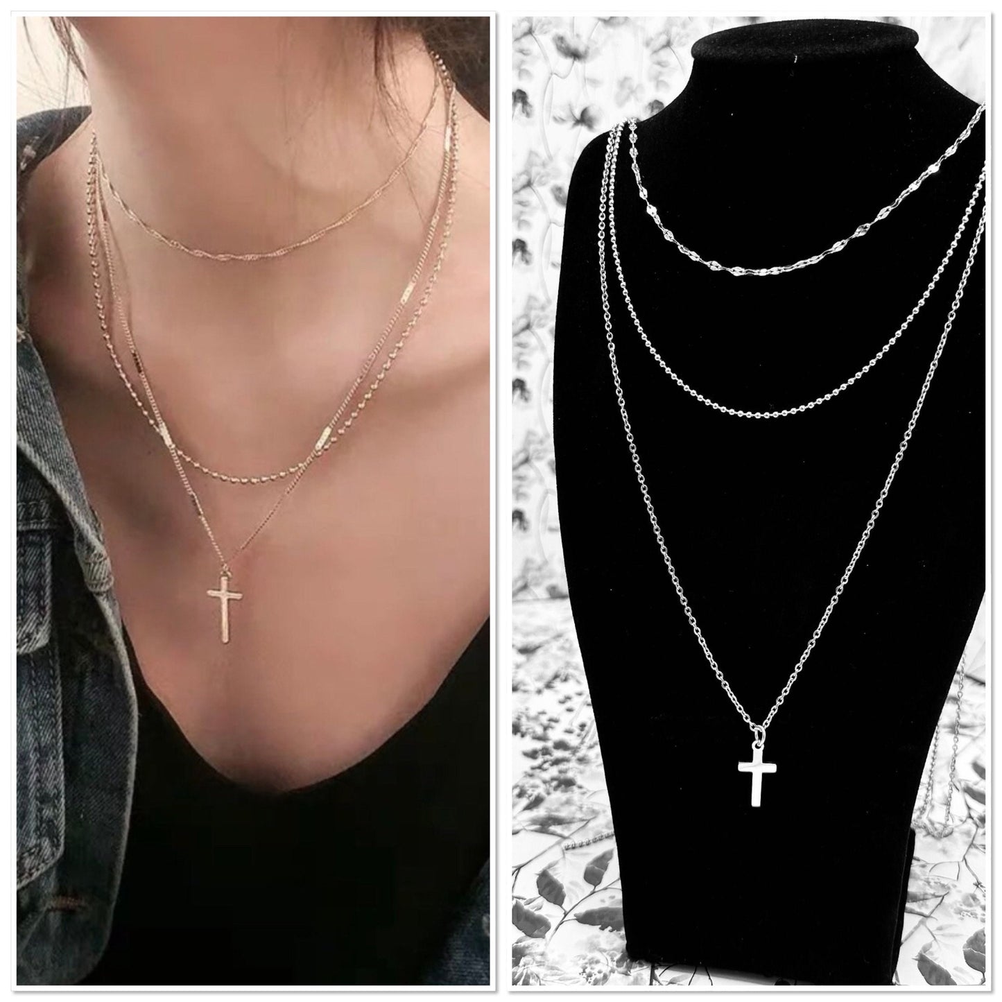 Collier à plusieurs rangs pendentifs croix, collier multi-rangs or croix - Ateliersdisa