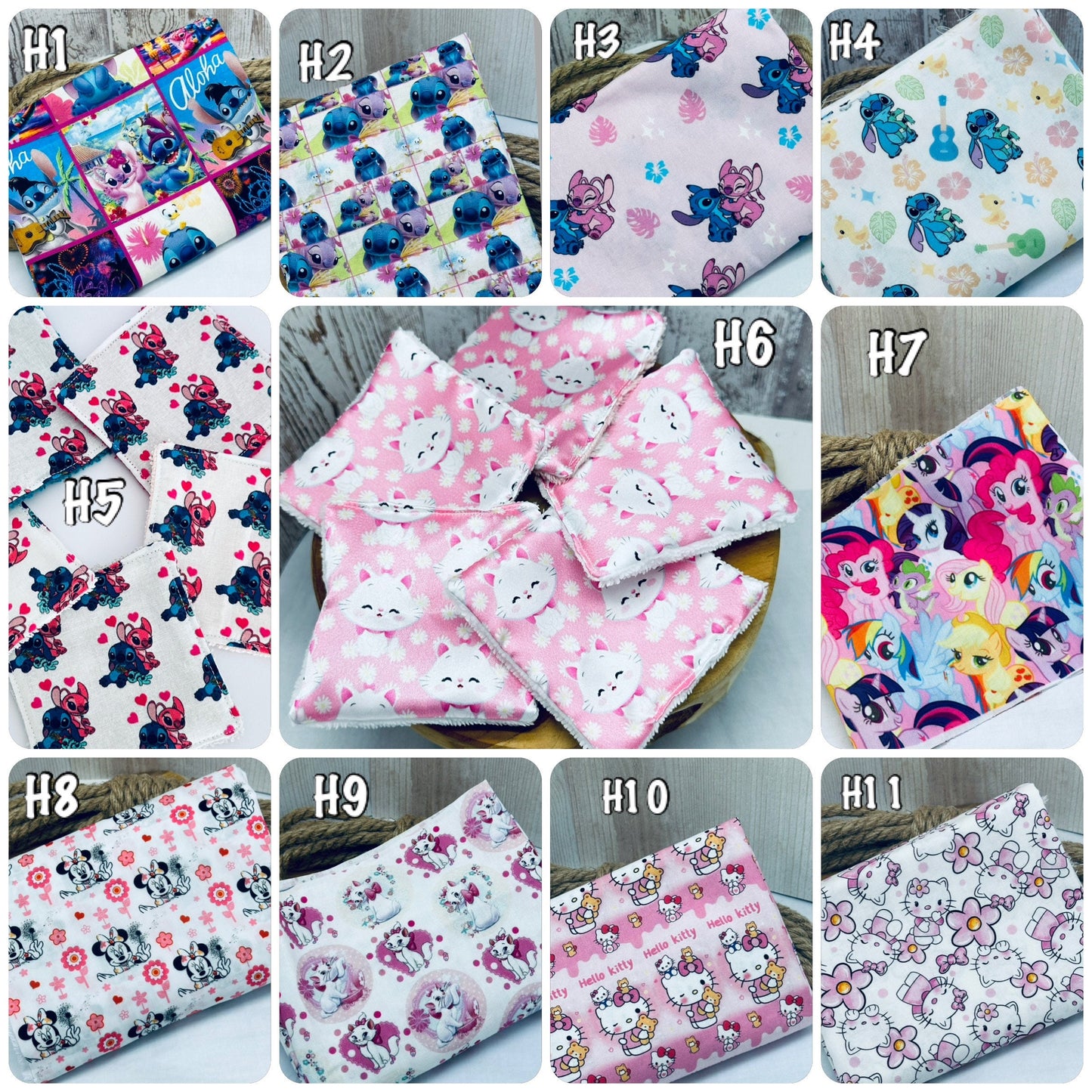 Lingettes lavable motifs Lilo et Stitch, hello kitty, Minnie, Aristochats- Ateliersdisa
