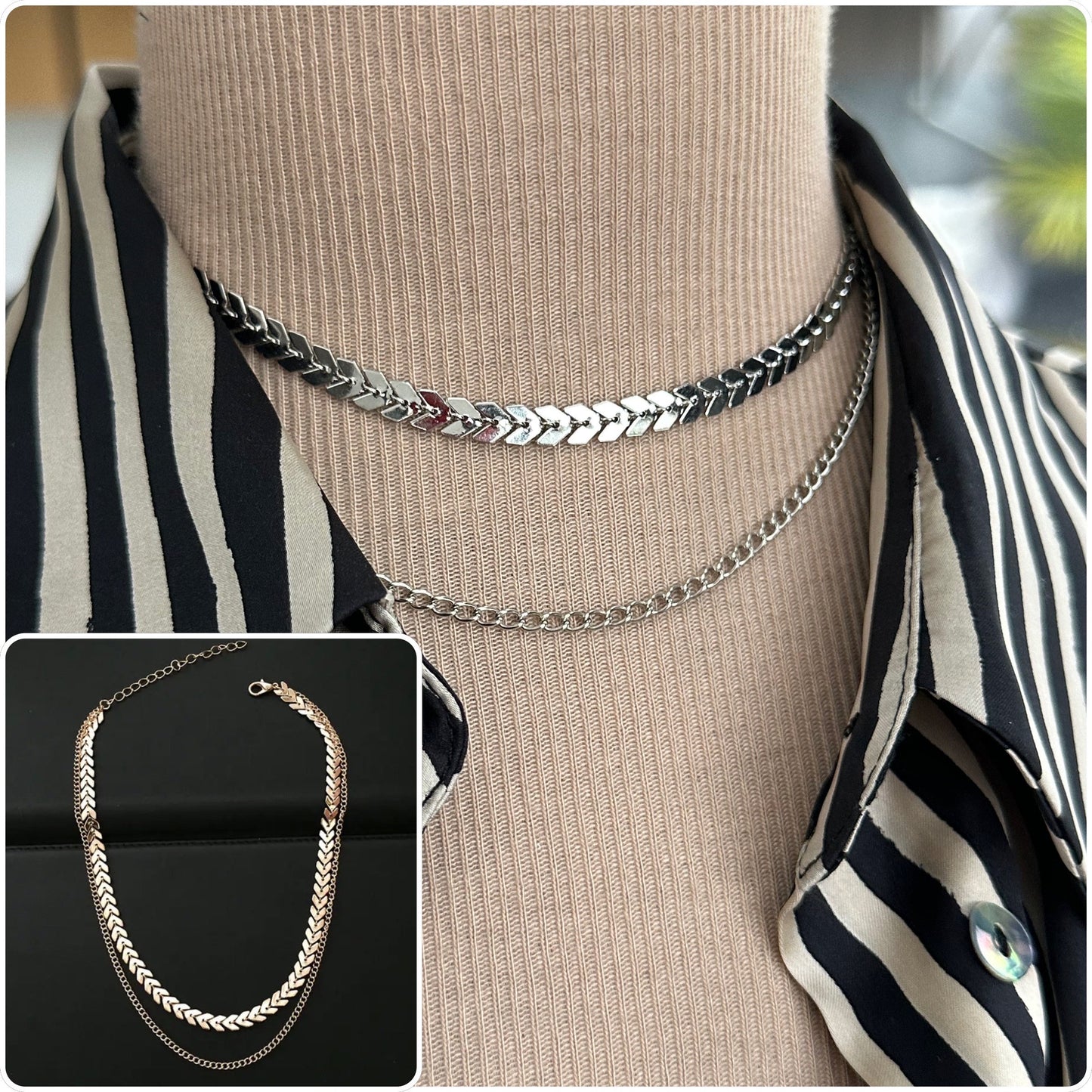 Collier chocker 2 rangs maille chevron couleur or ou argent - Ateliersdisa