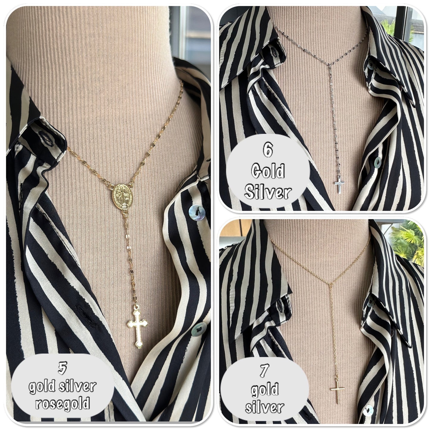 Collier chapelet croix couleur or, argent ou or rose, collier cravate pendentif croix - Ateliersdisa