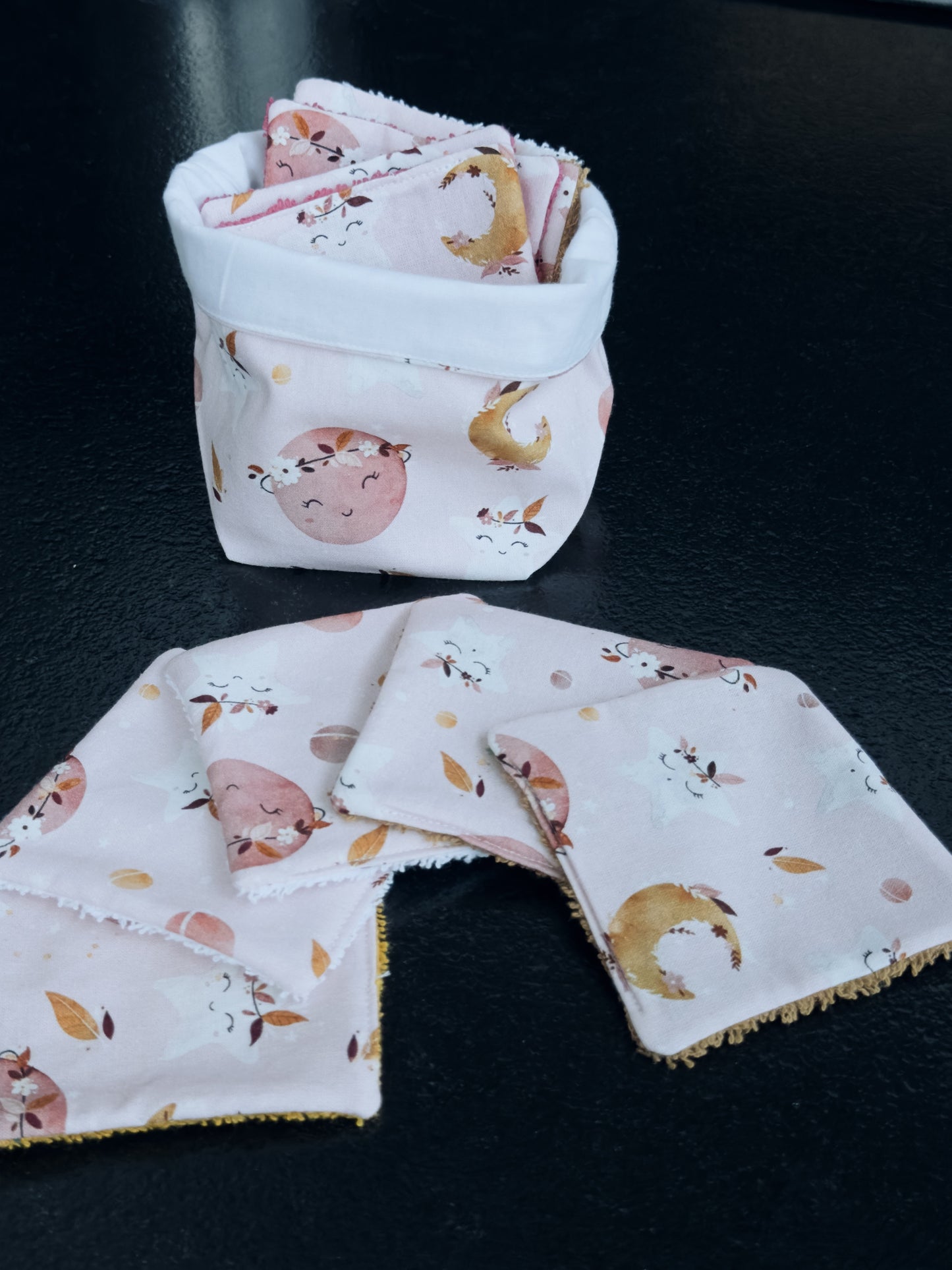 Lingettes bébé lavable motifs lune soleil lot de 10 lingettes zéro déchet - Ateliersdisa