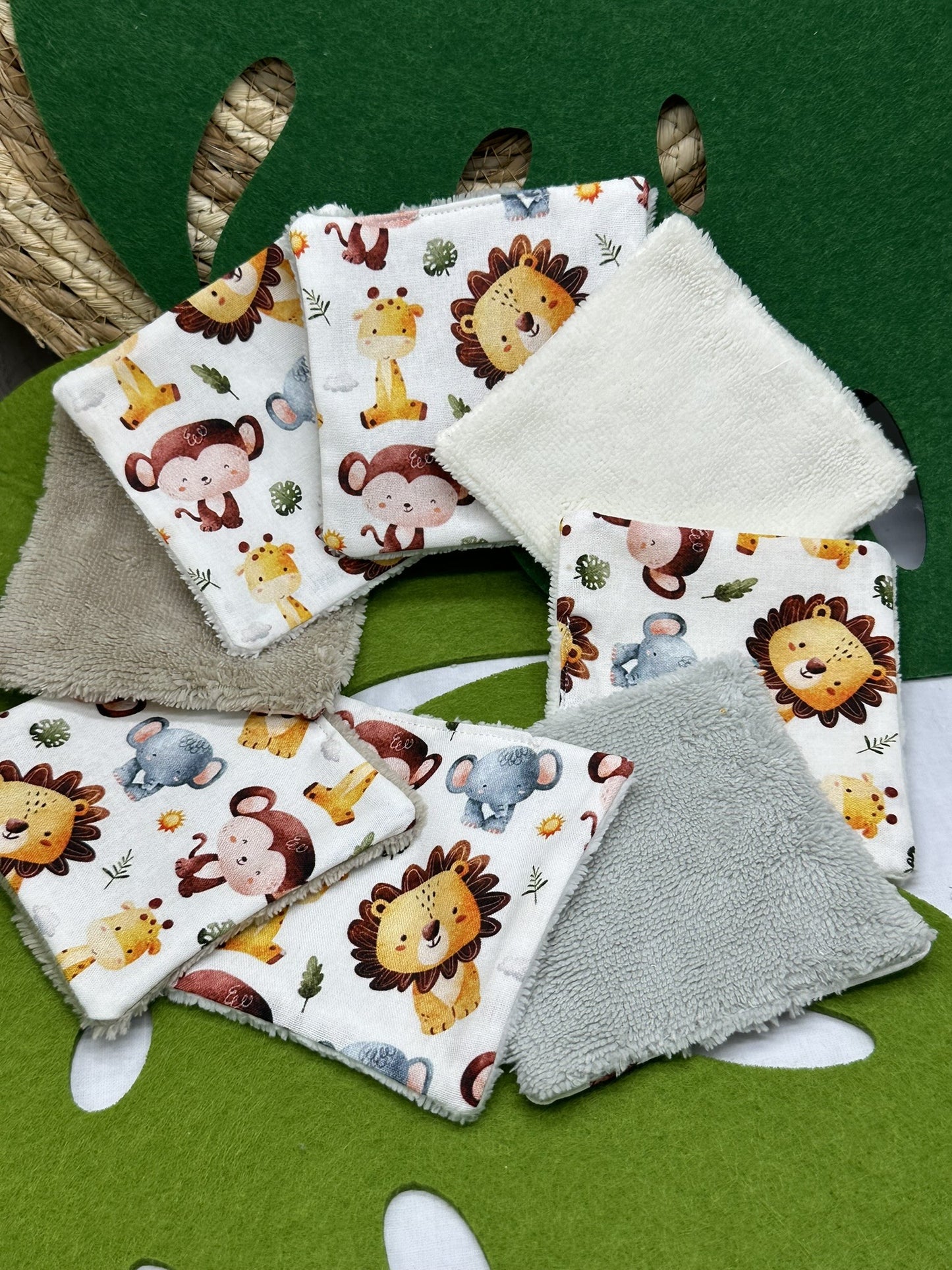 Lingettes bébé lavable motifs animaux savane lot de 10 lingettes zéro déchet - Ateliersdisa