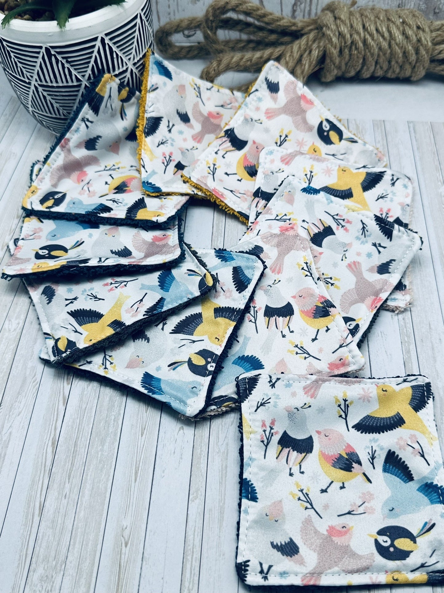 Lingettes bébé lavable motifs oiseaux lot de 10 lingettes zéro déchet - Ateliersdisa