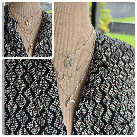 Collier à plusieurs rangs motifs lune en laiton argent ou or - Ateliersdisa