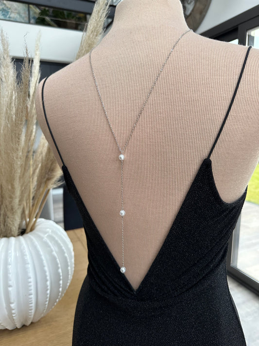 Collier dos nu mariée en acier argent et perles - Ateliersdisa