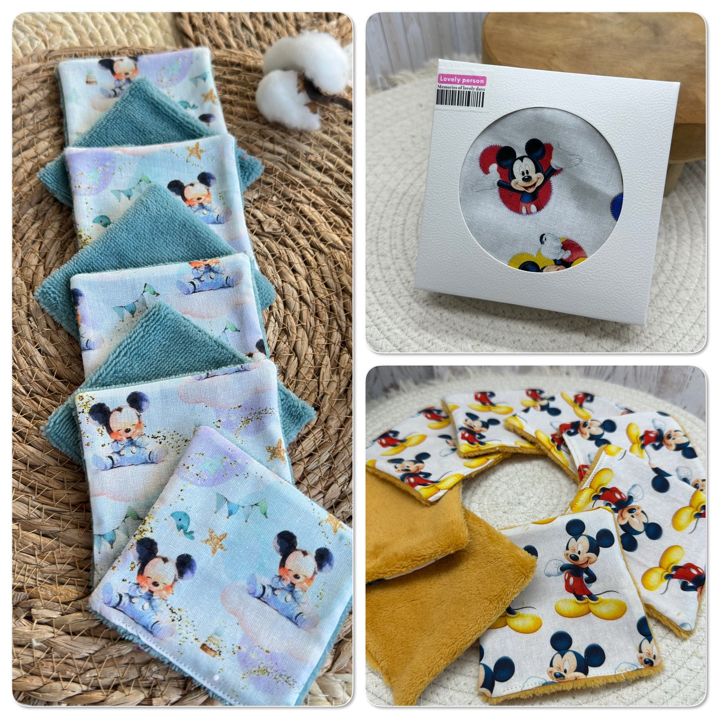 Lingettes lavables bébé motifs Disney Mickey Minnie à partir d’un lot de 8  -  Ateliersdisa