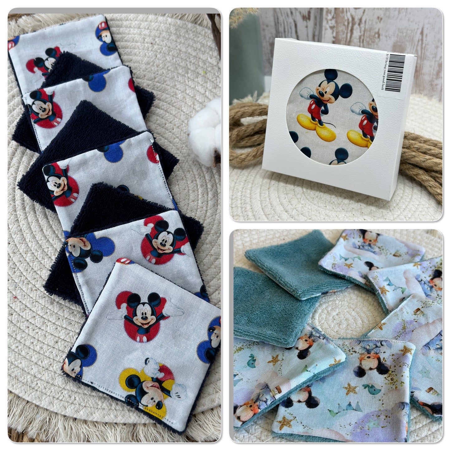 Lingettes lavables bébé motifs Disney Mickey Minnie à partir d’un lot de 8  -  Ateliersdisa
