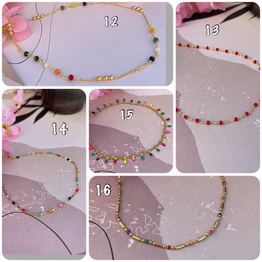 Collier fin ras de cou acier inoxydable perles multicolores 