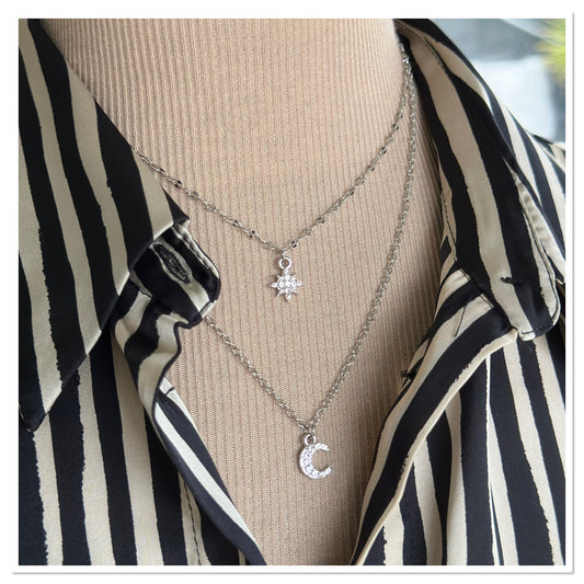 Collier plusieurs rangs pendentif strass étoile et lune - Ateliersdisa