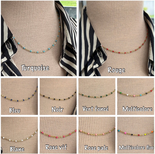 Collier or perles de résine, collier or acier perles résine, Ateliersdisa 