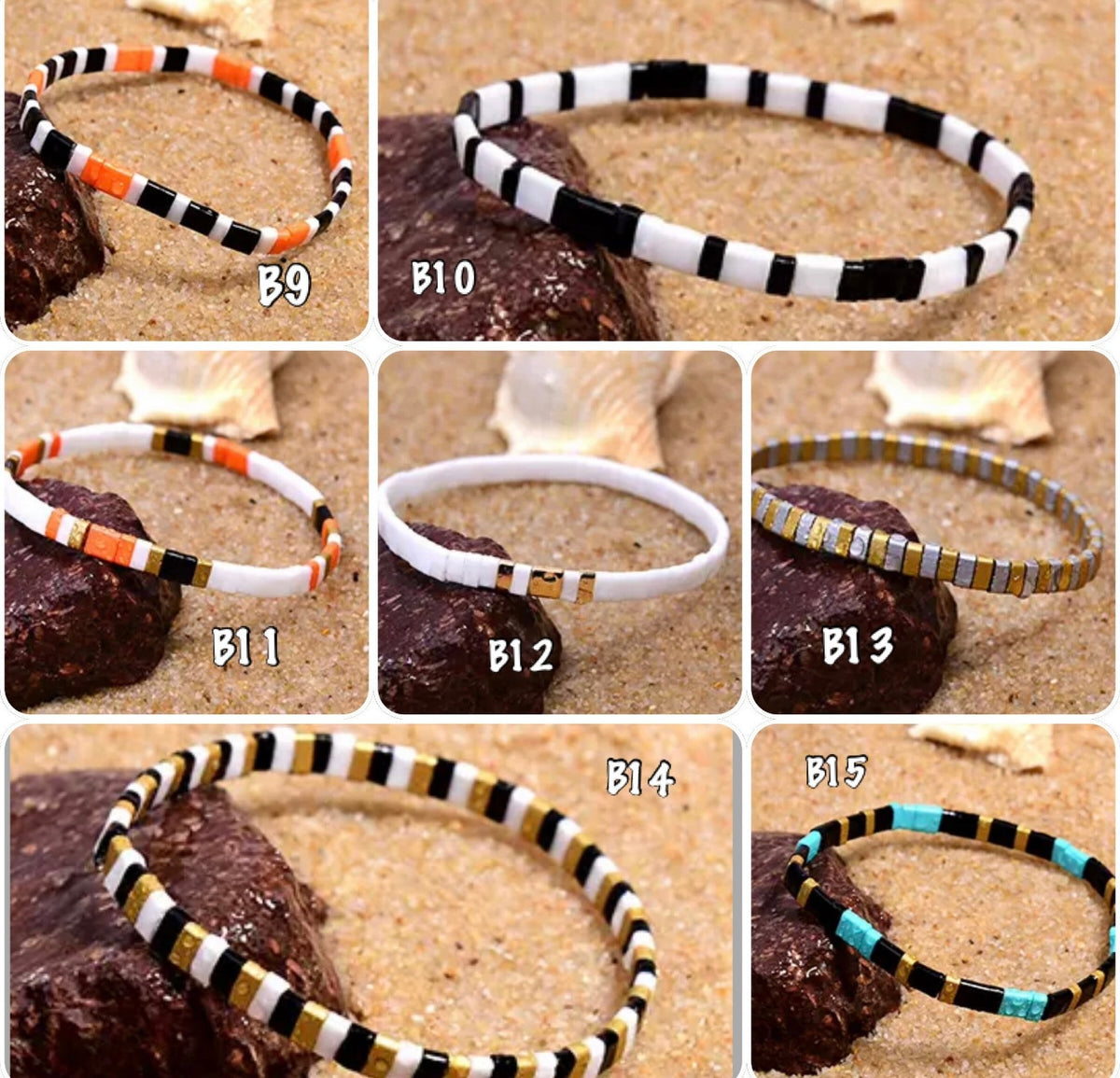⁠bracelet-elastique-perles-tila-carrees-couleurs-multicolores doré, argent, noir, turquoise et corail 
