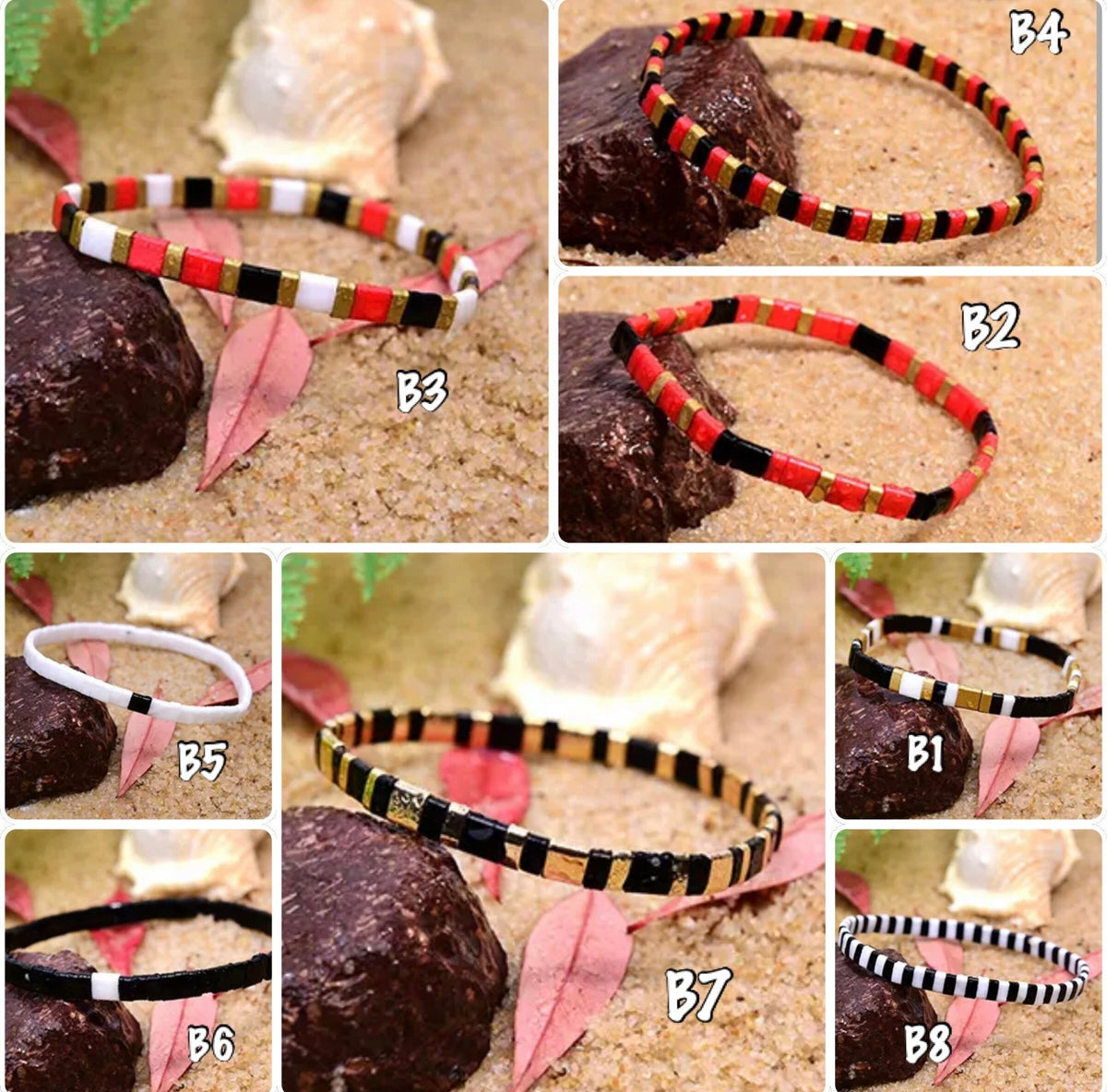 ⁠bracelet-elastique-perles-tila-carrees-couleurs-multicolores doré noir blanc rouge 
