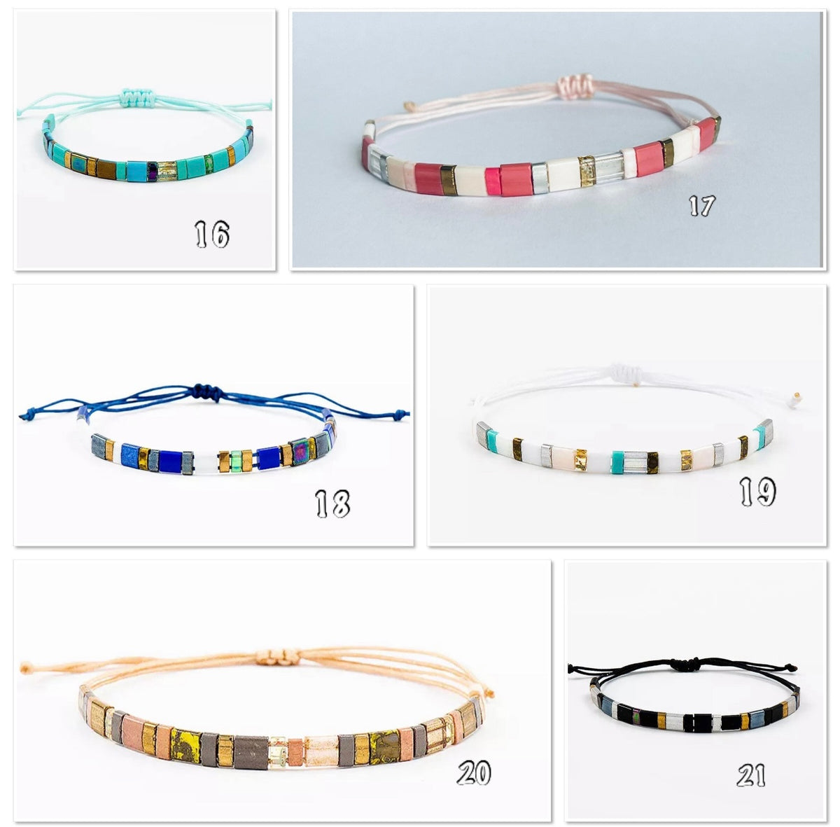 Bracelet en perles Tila carrées multicolores avec attache en nylon coulissante 