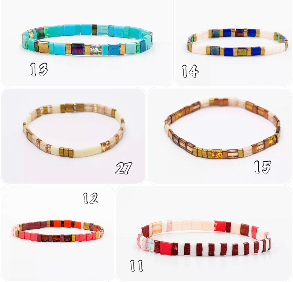 Bracelet elastique en perles carrees plates multicolores 