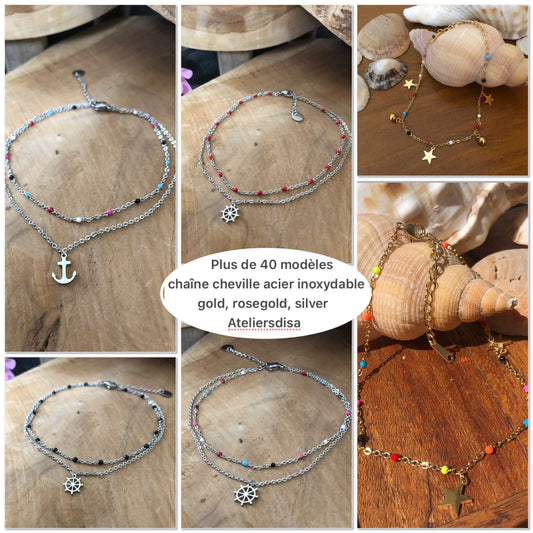 bracelet de cheville acier inoxydable 2 rangs en perles email