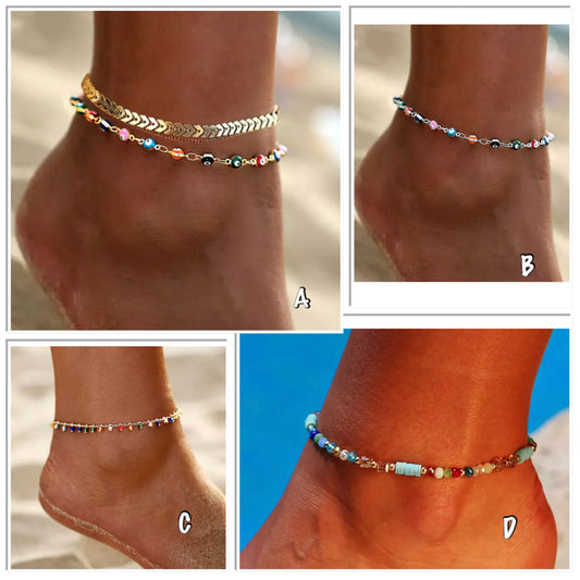 bracelet de cheville or ou argent cristal multicolore 