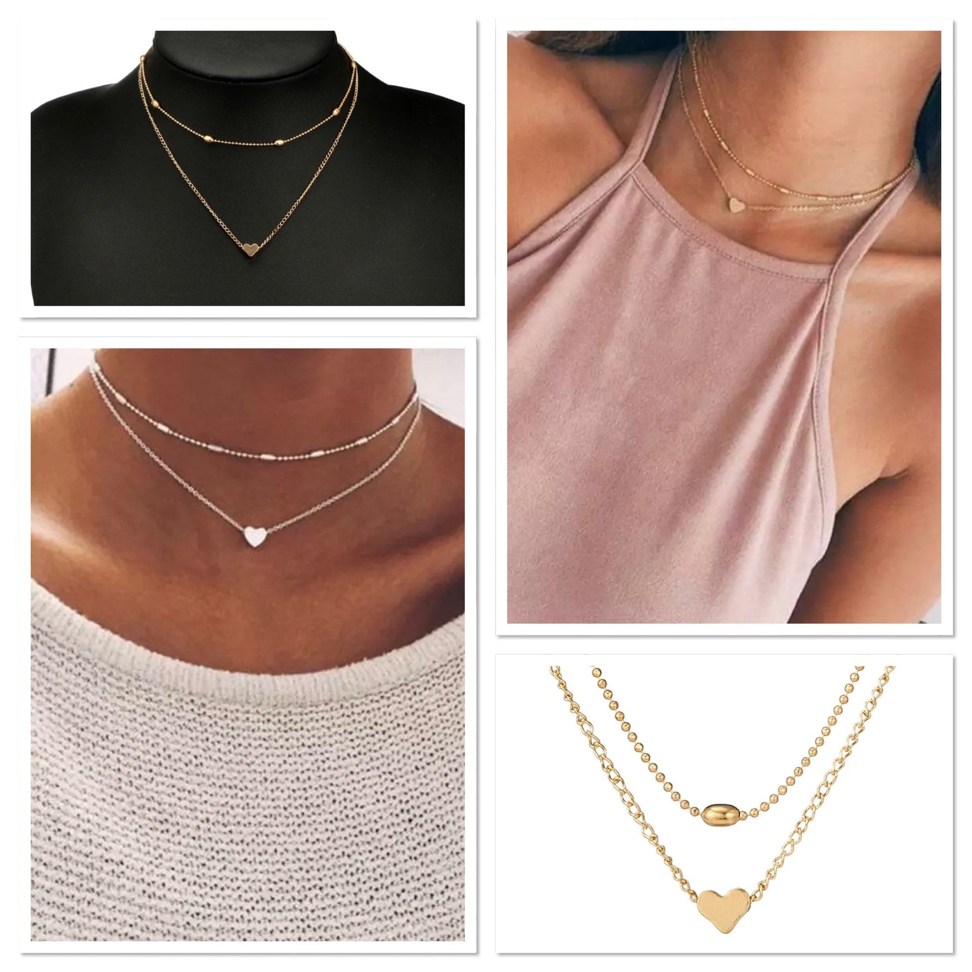collier femme ras de cou 2 rangs couleur or ou argent  pendentif coeur ateliersdisa