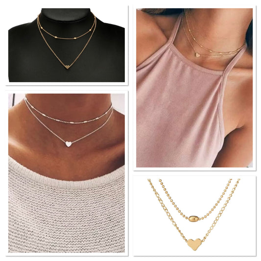 collier femme ras de cou 2 rangs couleur or ou argent  pendentif coeur ateliersdisa