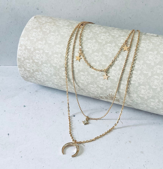 Collier plusieurs rangs laiton or pense lune strass - Ateliersdisa