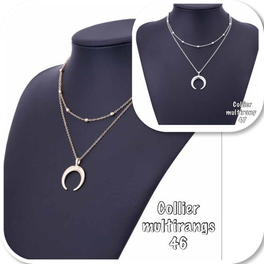 Collier 2 rangs maille boule et pendentif lune or ou argent tendance bohème - Ateliersdisa