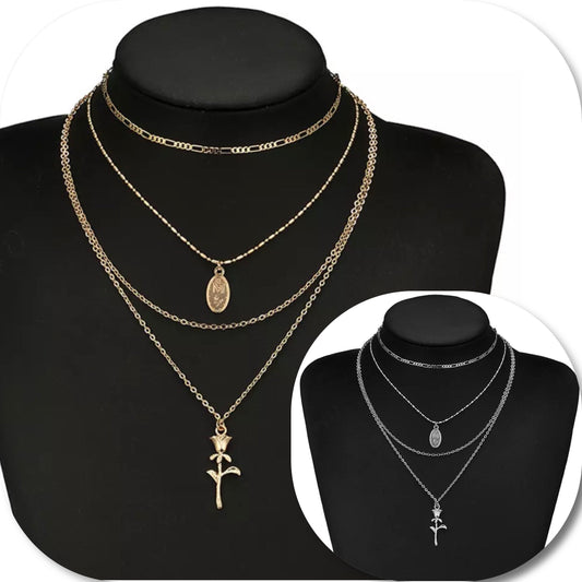 Collier plusieurs rangs pendentif forme rose avec médaille tendance bohème - Ateliersdisa
