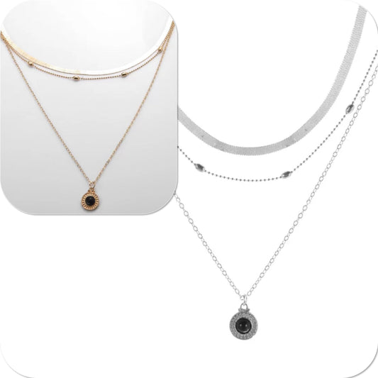 Collier multi-rangs or à médaille résine onyx - Ateliersdisa