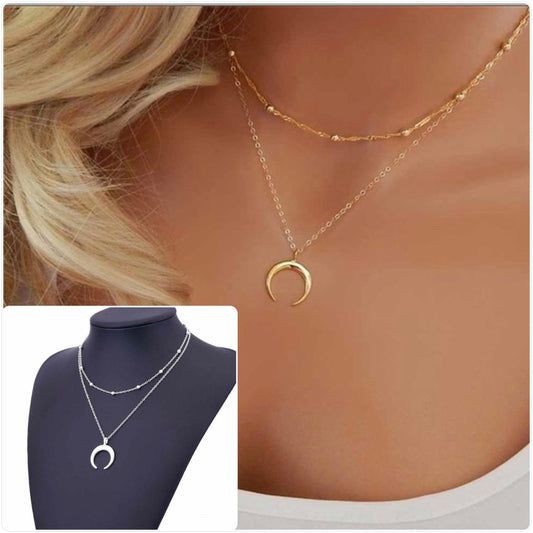 Collier pendentif lune 2 rangs tendance bohème - Ateliersdisa