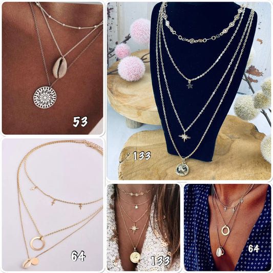 Collier plusieurs rangs pendentif coquillage médaille en laiton or ou argent - Ateliersdisa