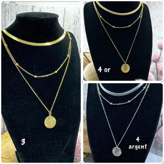 Collier à rangs or acier médaille lotus, collier à plusieurs rangs acier inoxydable argent à pendentif - Ateliersdisa