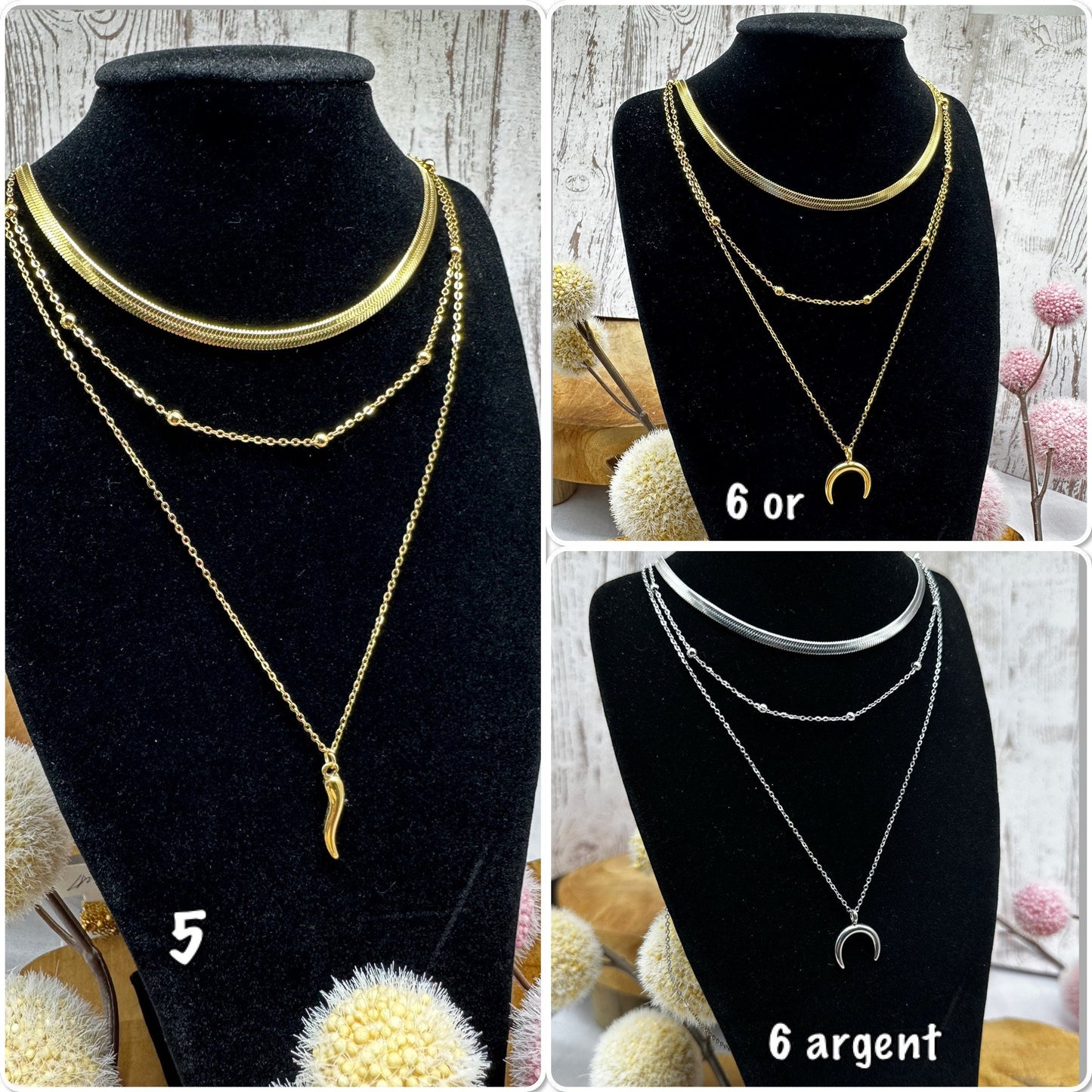 Collier plusieurs rangs maille serpent en acier or ou acier argent avec pendentifs - Ateliersdisa