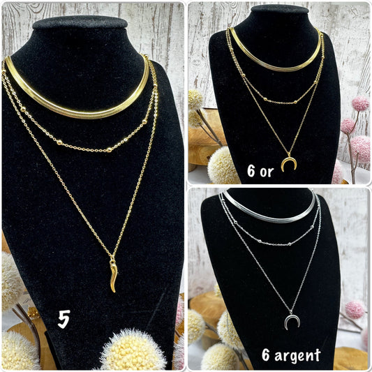 Collier plusieurs rangs maille serpent en acier or ou acier argent avec pendentifs - Ateliersdisa