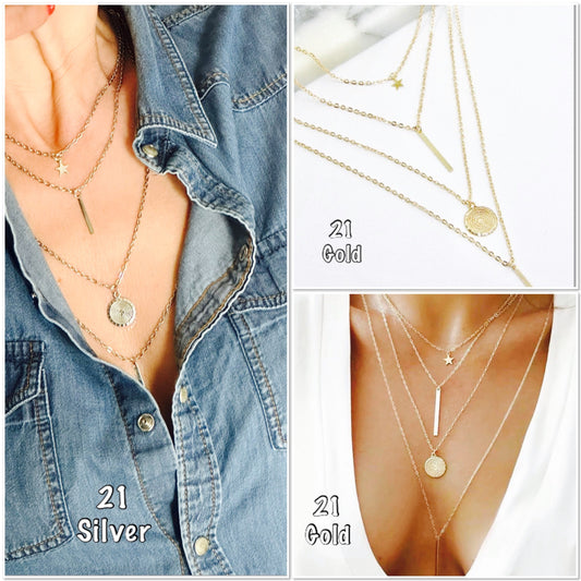 Collier multi-rangs médaille , collier multi-chaines à pendentifs - Ateliersdisa