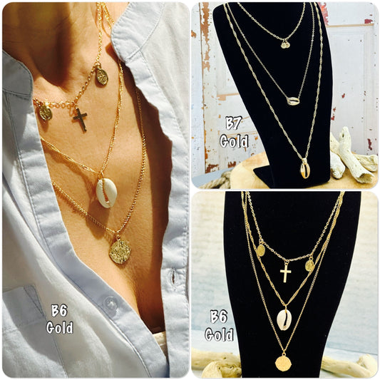 Collier plusieurs rangs pendentifs coquillage, médaille, breloques tendance bohème - Ateliersdisa